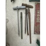 FIVE BLACKSMITHS TOOLS TO INCLUDE FORMING HAMMERS AND TONGS