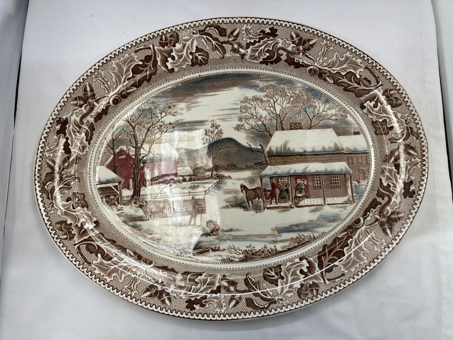 A LARGE JOHNSON BROS OVAL MEAT PLATTER WITH A FARMYARD SCENE - HOME FOR HISTORIC AMERICA