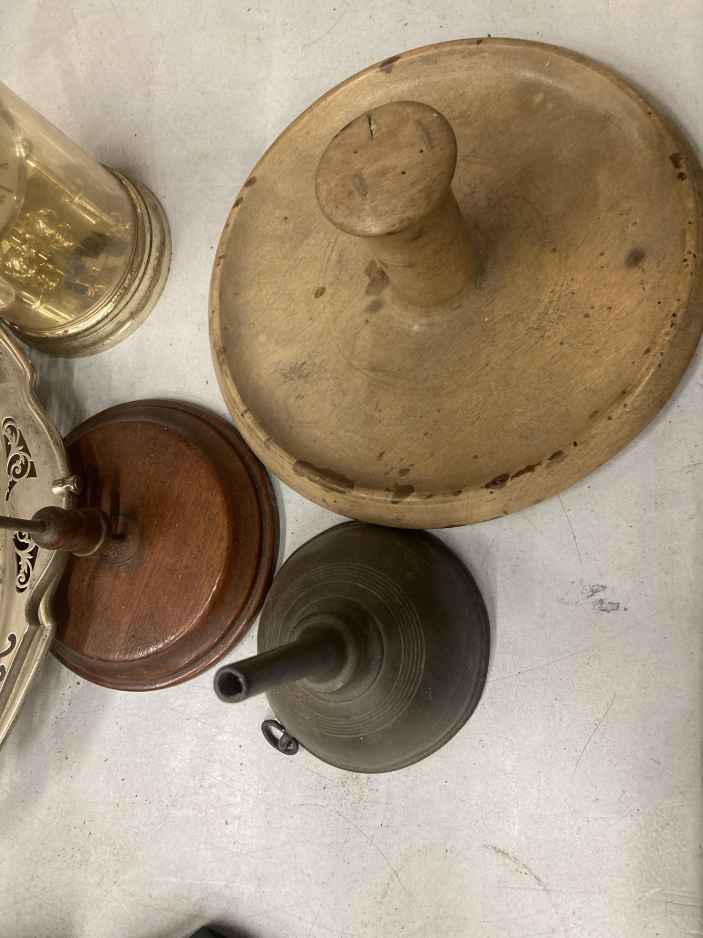 A LARGE COPPER FOOTED CANDLESTICK ON A WIDE BASE HEIGHT 78CM, DIAMETER OF BASE 25CM, A SYCAMORE - Image 13 of 13