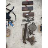 VARIOUS VINTAGE ITEMS - WOOD PLANES, SCALES, TOFFEE HAMMERS ETC