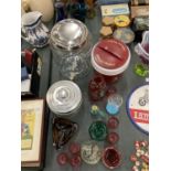 A QUANTITY OF GLASS ITEMS TOINCLUDE CRANBERRY GLASSES, JOHNNIE WALKER ICE BUCKET, PAPERWEIGHT, SCENT