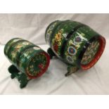 TWO VINTAGE BARRELS ON STANDS - 1 WOODEN, 1 METAL, DECORATED IN THE 'BARGE ART' STYLE WITH THE