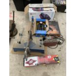 AN ASSORTMENT OF ITEMS TO INCLUDE A SCISSOR JACK, A FOOT PUMP AND A SANDER ETC