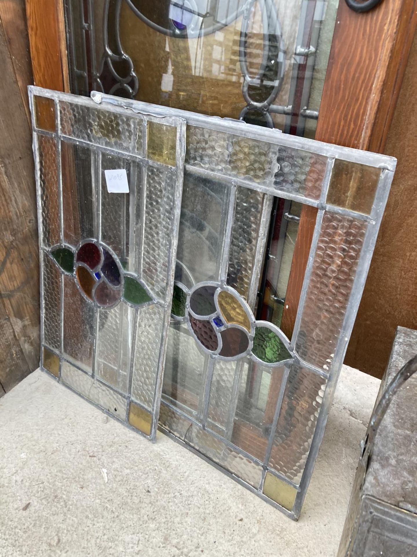 A STAINED GLASS WINDOW IN A FRAME AND THREE FURTHER PANELS (ONE A/F) - Image 2 of 6