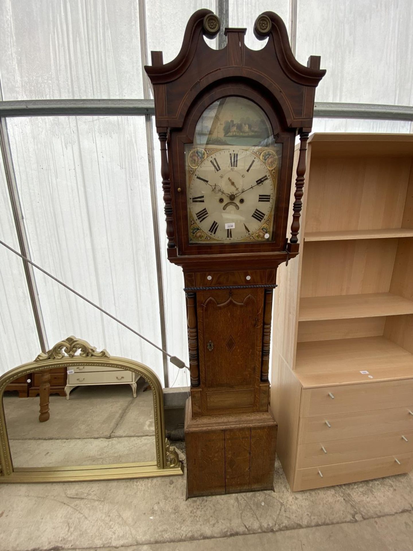 A 19TH CENTURY OAK AND CROSSBANDED EIGHT-DAY LONGCASE CLOCK WITH PAINTED ENAMEL DIAL