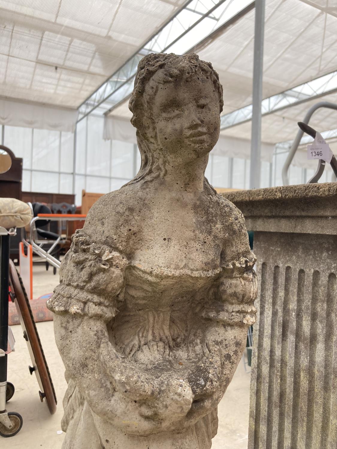 A RECONSTITUTED STONE STATUE OF A LADY WITH A DOVE H:84cm - Image 2 of 4