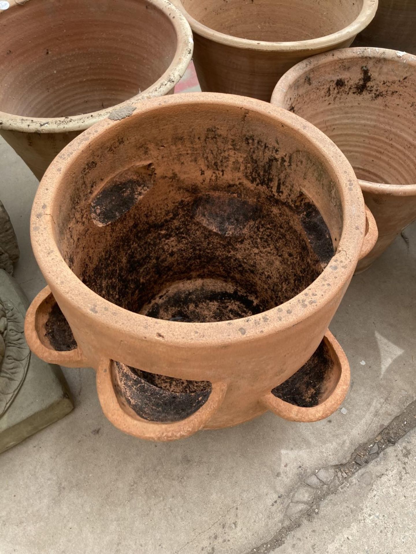 SEVEN LARGE TERRACOTTA PLANTERS TO INCLUDE A STRAWBERRY/HERB POT - Image 4 of 8