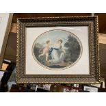 A GILT FRAMED PRINT OF A LADY AND CUPID