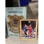 A FRAMED PHOTO OF DUNCAN FERGUSON AND JAMIE CARRAGHER SIGNED - NO PROVENANCE PLUS AN EVERTON F. A.