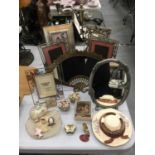 A QUANTITY OF PHOTO FRAMES, A BRASS FAN SHAPED MIRROR, ART NOUVEAU STYLE MIRROR, POSIES, TRINKET