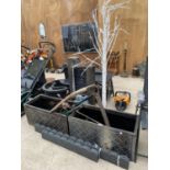 A LARGE ASSORTMENT OF GARDEN ITEMS TO INCLUDE TWO PLASTIC PLANTERS, A WATER FEATURE AND SHEARS ETC