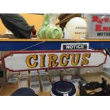 A PAINTED WOODEN CIRCUS HANGING SIGN W: 100CM