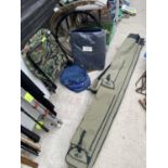 AN ASSORTMENT OF FISHING TACKLE TO INCLUDE LANDING NETS AND A SEAT ETC