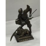 A METAL FIGURE OF A SAMURAI WARRIOR STANDING ON A LION HEIGHT 24CM