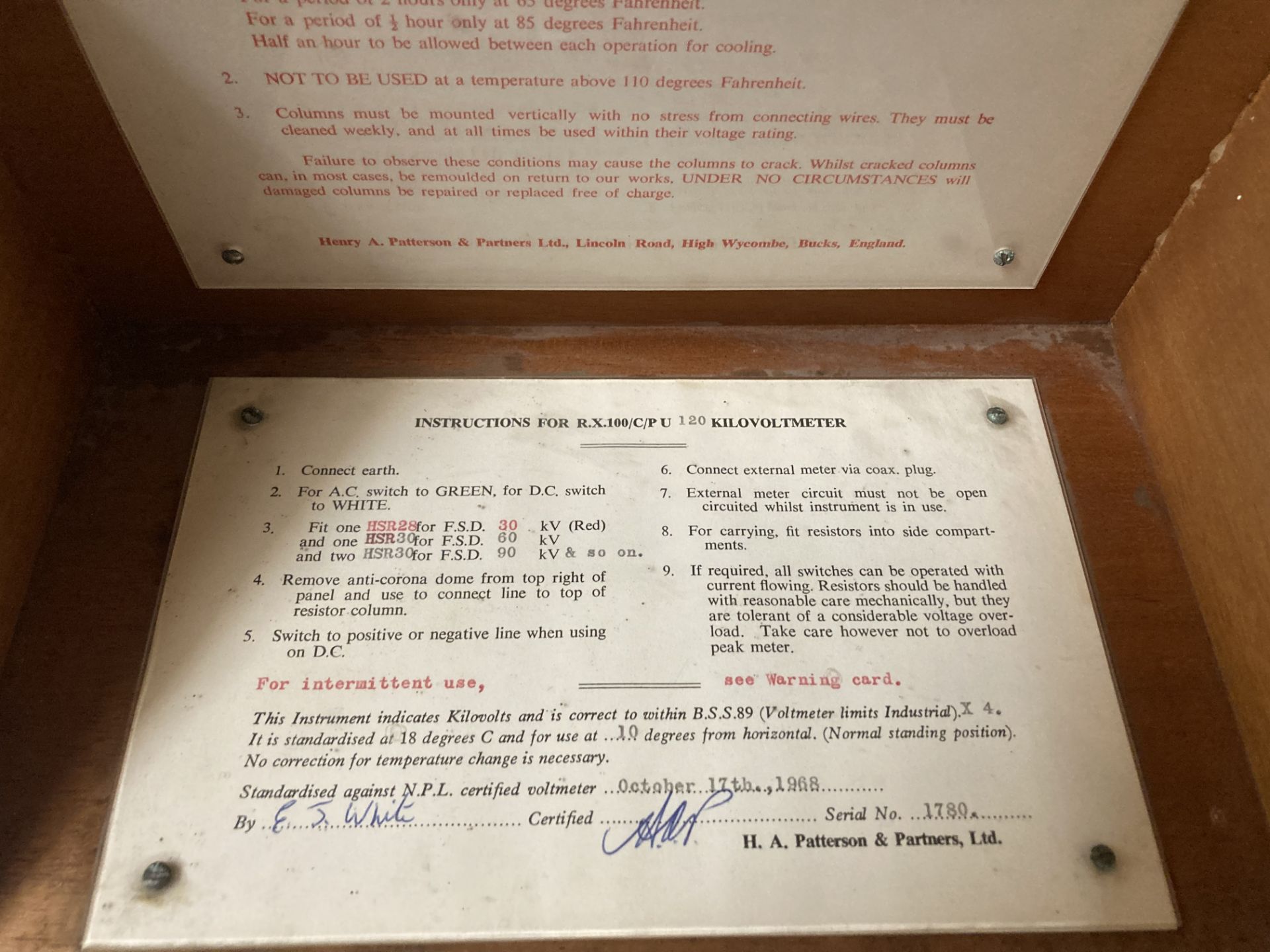 A VINTAGE KILOVOLT METER TYPE RX 100/C/P.U. NO 1780 BY HENRY A. PATTERSON & PARTNERS LTS, HIGH - Image 6 of 6