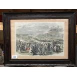 A FRAMED COLOURED ENGRAVING 'EPSOM RACES AMUSEMENTS ON THE DOWNS'
