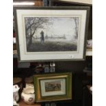 A FRAMED HORSE RACING PRINT BY ALWYN CRAWSHAW PLUS A PRINT OF A VINTAGE JOCKEY AND HORSE