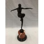 AN ART DECO STYLE BRONZE FIGURE OF A LADY ON A MARBLE BASE SIGNED J. PHILIPP H: 56CM