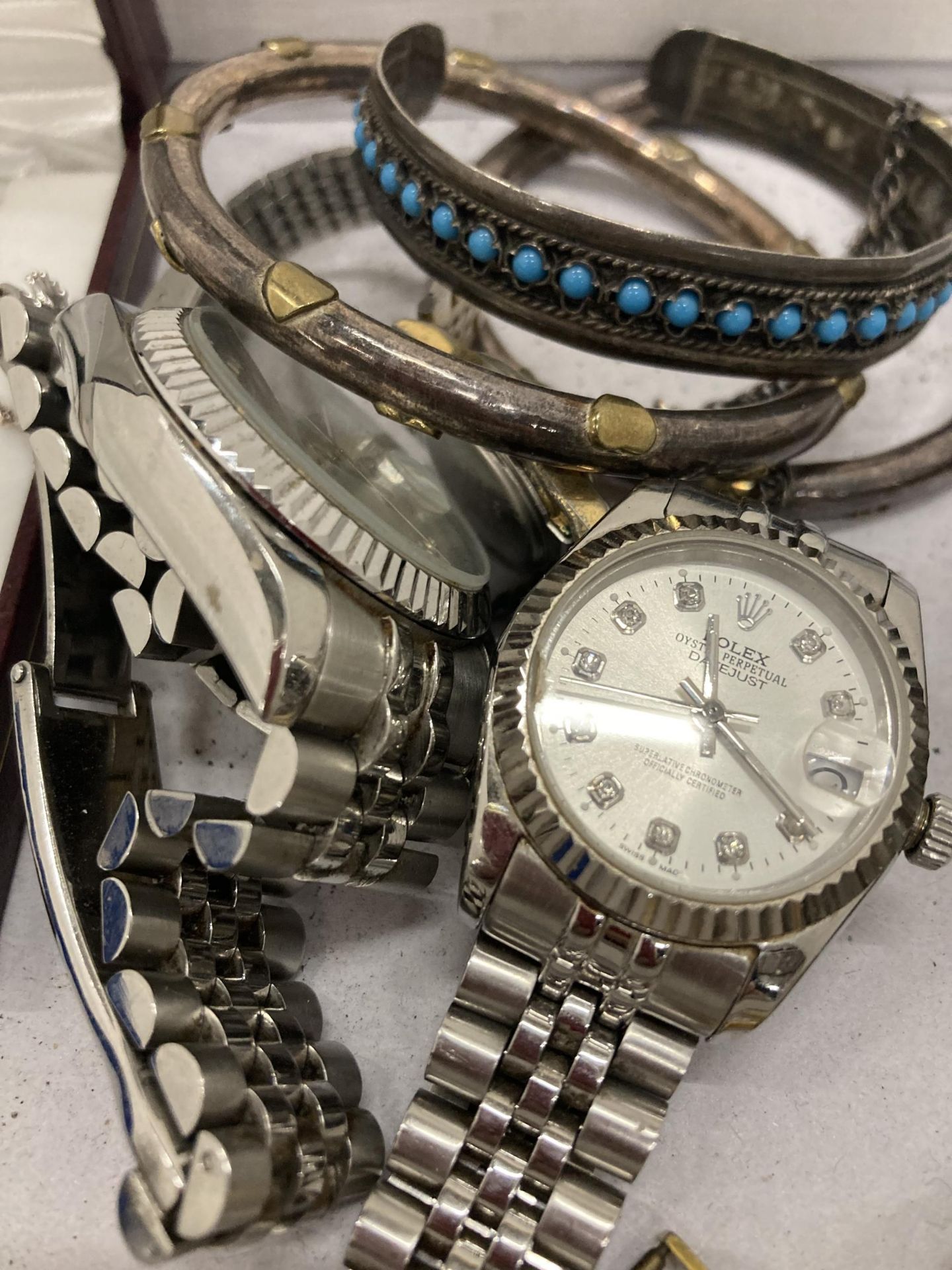 THREE FASHION WATCHES, NECKLACES, BANGLES, SMALL MOTHER OF PEARL ORIENTAL PLAQUES, ETC - Image 5 of 5