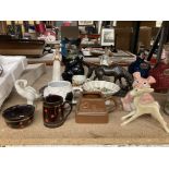 A QUANTITY OF COLLECTABLE ITEMS TO INCLUDE A WADE PIGGY BANK, MIDWINTER FAUN, METAL HORSE ON PLINTH,