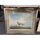 A LARGE FRAMED PRINT OF BRITISH AIRWAYS CONCORDE SIGNED GERALD COULSON 82.5CM X 69CM