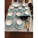 A QUANTITY OF BLUE AND WHITE CUPS, SAUCERS, PLATES, ETC PLUS A SMALL QUANTITY OF FLATWARE