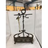 A VICTORIAN WROUGHT IRON UMBRELLA STAND WITH SERPENTINE TOP AND BARLEY TWIST ARMS HEIGHT 73CM
