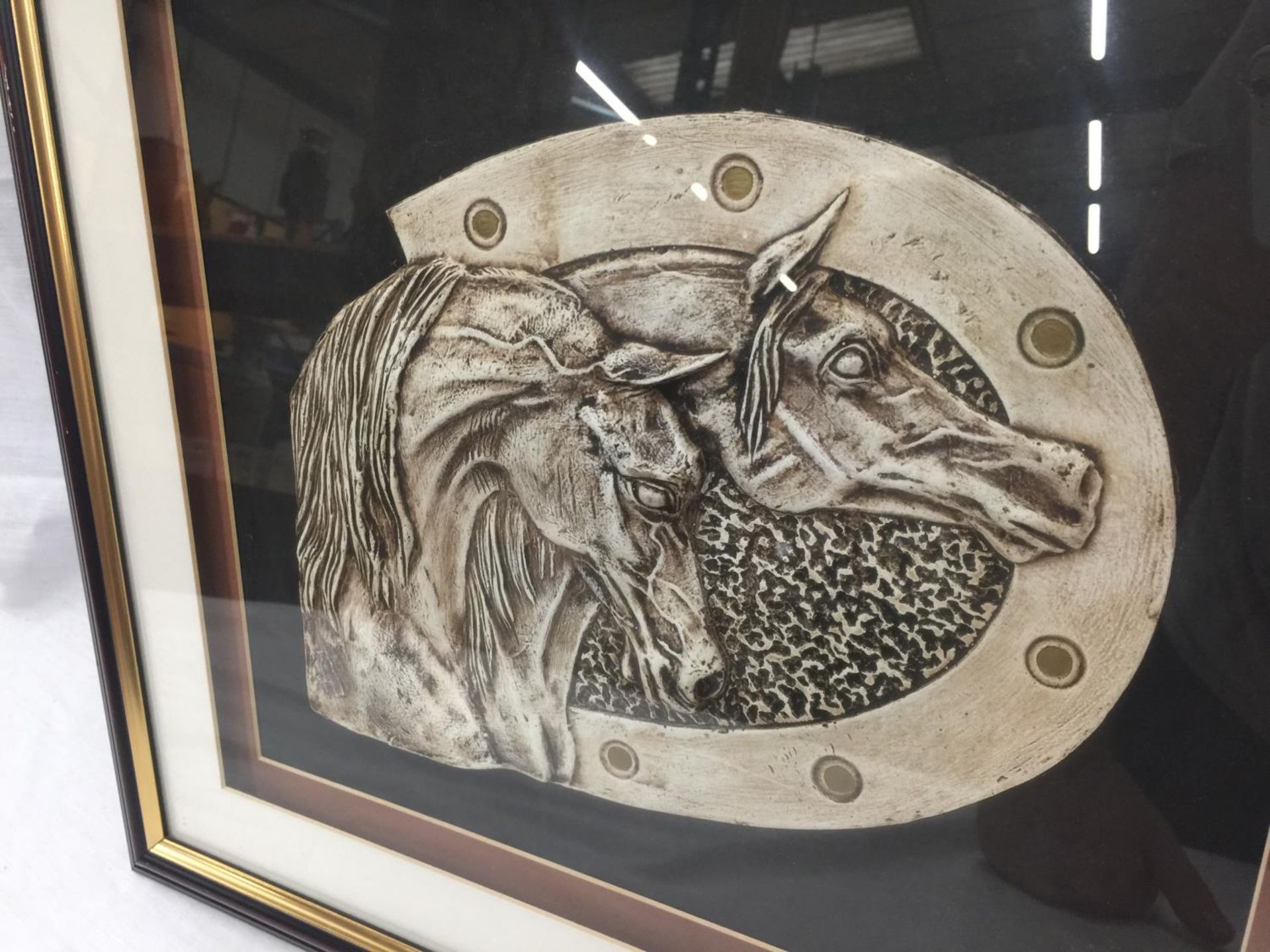 A FRAMED 3D LEATHER ARTWORK OF TWO HORSES W: 45CM - Image 3 of 10