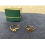 TWO 9CT GOLD RINGS, ONE 9CT GOLD HEART SIGNET RING AND A FURTHER 9CT GOLD RING MISSING STONES