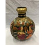A HAND PAINTED METAL VASE WITH INDIAN STYLE DESIGN H: 29CM