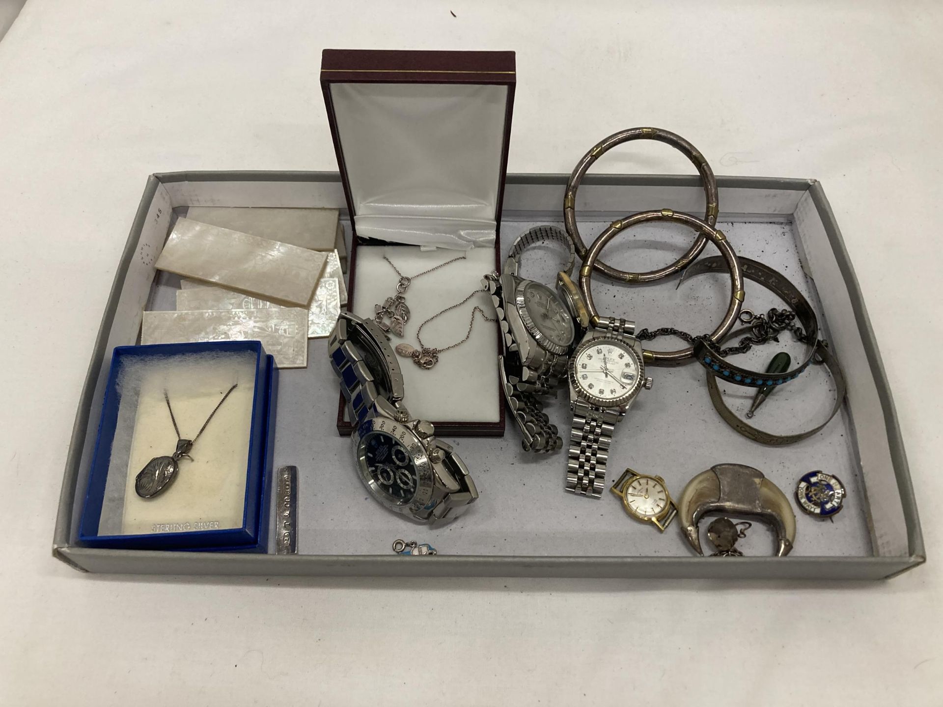 THREE FASHION WATCHES, NECKLACES, BANGLES, SMALL MOTHER OF PEARL ORIENTAL PLAQUES, ETC