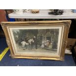 A LARGE GILT FRAMED PRINT OF A HUNTING SCENE TITLED 'THE TOAST' 92CM X 67CM