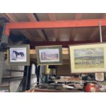 FOUR FRAME PRINTS, TWO OF HORSE RACES, RACEHORSE GLADIATOR PLUS ONE OTHER