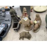 AN ASSORTMENT OF RECONSTITUTED STONE GARDEN FIGURES TO INCLUDE A GNOME AND CHICKENS ETC