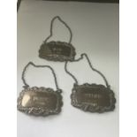 THREE HALLMARKED SILVER DECANTER LABEL TAGS NAMED WHISKY, PORT AND GIN