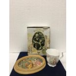 A BOXED BORDER FINE ARTS BEATRIX POTTER JEREMY FISHER PLAQUE AND A ROYAL ALBERT CUP