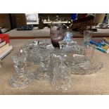 A QUANTITY OF GLASSWARE TO INCLUDE CANDLESTICKS, TRINKET BOWLS, PLATES, SERVING DISHES PLUS A PLUM