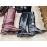 AN ASSORTMENT OF VINTAGE HORSE TACK TO INCLUDE A SADDLE, BOOTS AND STIRRUPS ETC