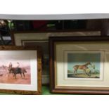 A LARGE FRAMED PRINT OF ARKLE, RED RUM AND DESERT ORCHID 83CM X 58CM, PLUS TWO OTHER FRAMED EQUINE