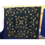 A VINTAGE GILT HAND EMBROIDERED THROW WITH BIRDS AND BEES DESIGN 180CM X 180CM