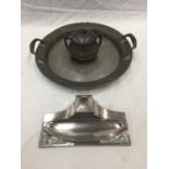 TWO PIECES OF KAYSERZINN PEWTER IN ART NOUVEAU STYLE TO INCLUDE A HEAVY TRAY MARKED 4561 TO BASE AND
