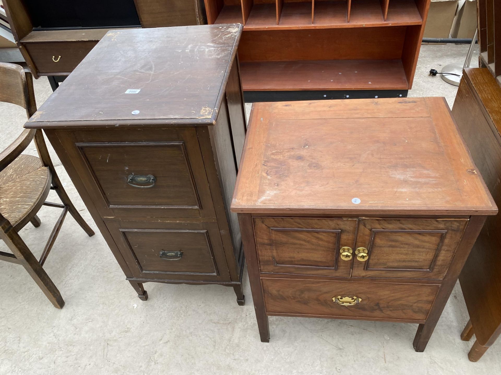 AN EDWARDIAN TWO DRAWER FILING CABINET AND VICTORIAN COMMODE