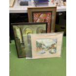 THREE PRINTS, TWO FRAMED, TO INCLUDE A VILLAGE SCENE AND A FRAMED TEXTILE DEPICTING FANTASY BIRDS