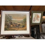 A VINTAGE STYLE PRINT OF A PATORAL SCENE WITH COWS, ETC PLUS A LAWSON WOOD VINTAGE 'MONKEY' PRINT