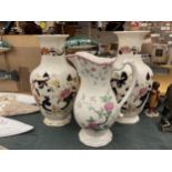 TWO MASONS 'MANDALAY' LARGE VASES HEIGHT 3CM PLUS A ROYAL WINTON PINK FLORAL PATTERNED JUG HEIGHT