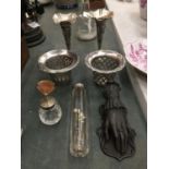 A PAIR OF SILVER PLATED BUD VASES, POT POURRI BOWLS, GLASS DRESSING TABLE JAR WITH WHITE METAL LID