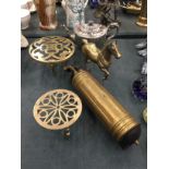 TWO BRASS TRIVETS, A BRASS HORSE, VINTAGE FIRE EXTINGUISHER AND A SILVER PLATED TEAPOT