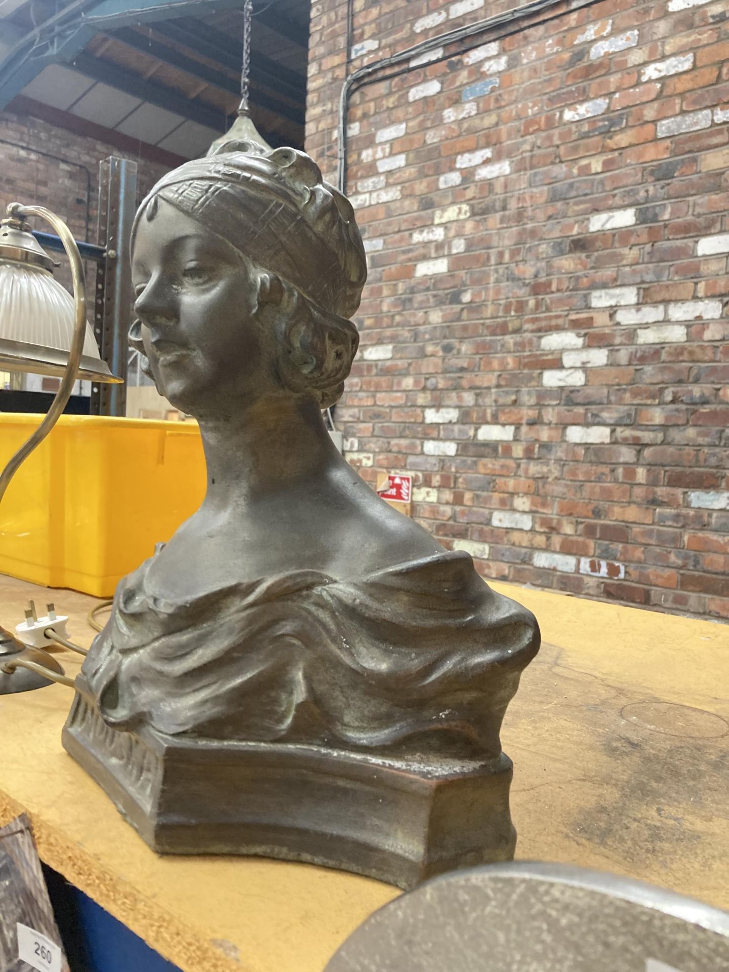 A RECONSTITUTED STONE 'BRONZED' BUST OF 'MOUSKA' HEIGHT 42CM, WIDTH 36CM - Image 3 of 3