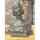 A RECONSTITUTED STONE 'BRONZED' BUST OF 'MOUSKA' HEIGHT 42CM, WIDTH 36CM
