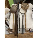FOUR WALKING CANES TO INCLUDE TWO 'KNOTTED' WOOD, ETC, PLUS TWO VINTAGE BADMINTON/SQUASH RACKETS